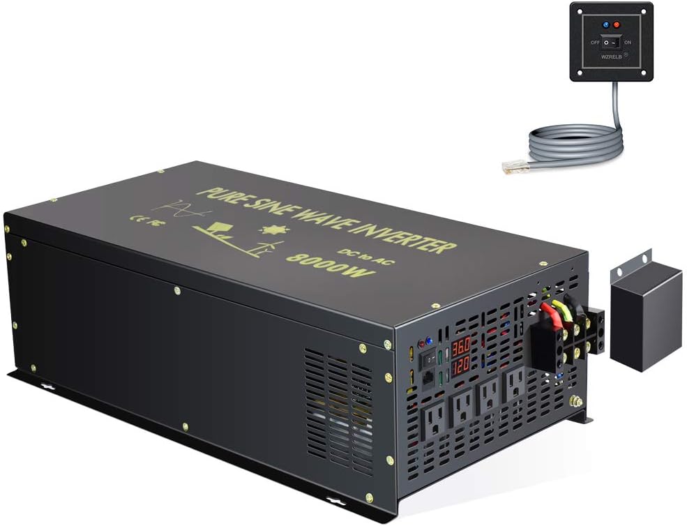 Reliable 8000W Continuous Power Heavy Duty Pure Sine Wave Power Inverter DC 48V to AC 120V with 4 AC Outlets Remote Control 66A Hardwire Terminal and LED Display for RV Car Solar System Emergency