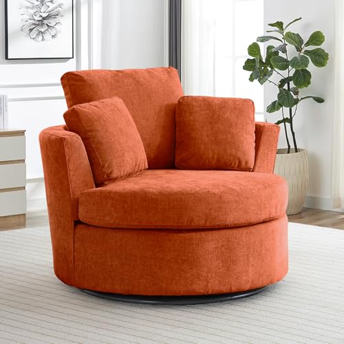 Chair and A Half with Ottoman, 360° Swivel Accent Barrel Chair Modern Comfy Round Reading Sofa Swivel Chairs Circle Lounge Chair for Bedroom Living Room w/4 Pillow Lower Seating Heigh (White, Large)