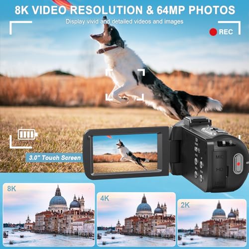 8K Video Camera 64MP Camcorder YouTube Vlogging Cameras 18X Digital Zoom Webcam IR Night Vision WiFi 3.0”Touch Screen Camcorders with Stabilizer, Mic, 64G SD Card, Remote Control and 2 Batteries