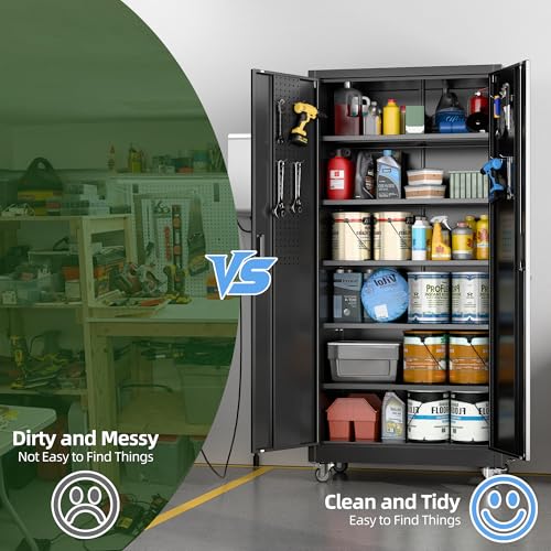 Aobabo Garage Storage Cabinet with Wheels,72" H Metal Storage Cabinet with 2 Doors and 4 Adjustable Shelves for Garage Home, Black,Required-Assembly