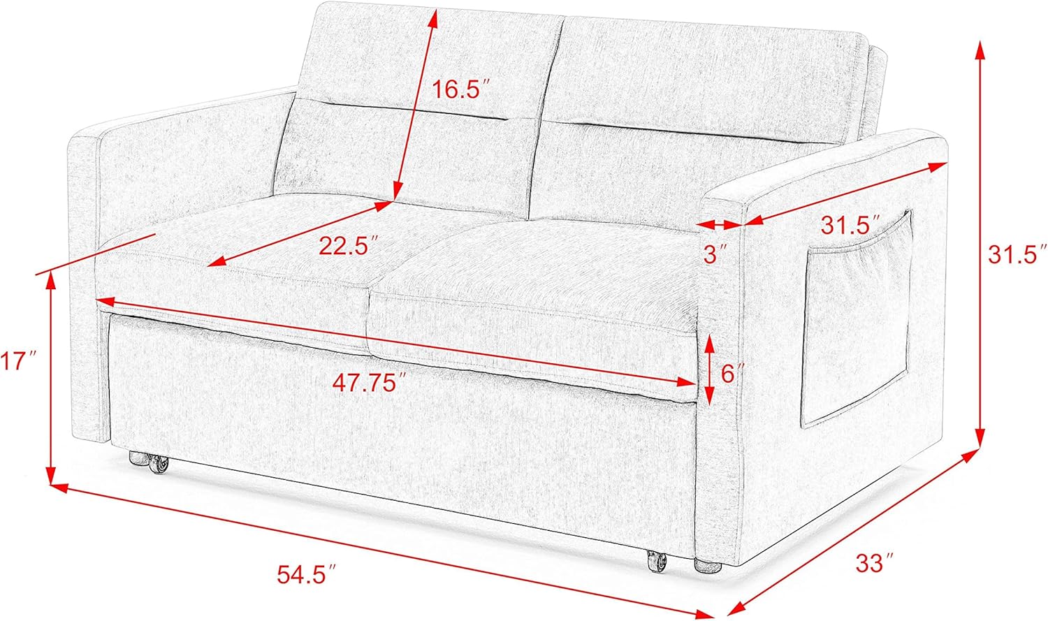 3 in 1 Convertible Sleeper Bed, Modern Loveseat Sofa & Pull Out Futon Couch, Small Love Seat Lounge Chaise w/Reclining Backrest, 2 Pockets, Furniture for Living Room, Beige Velvet 54.5"