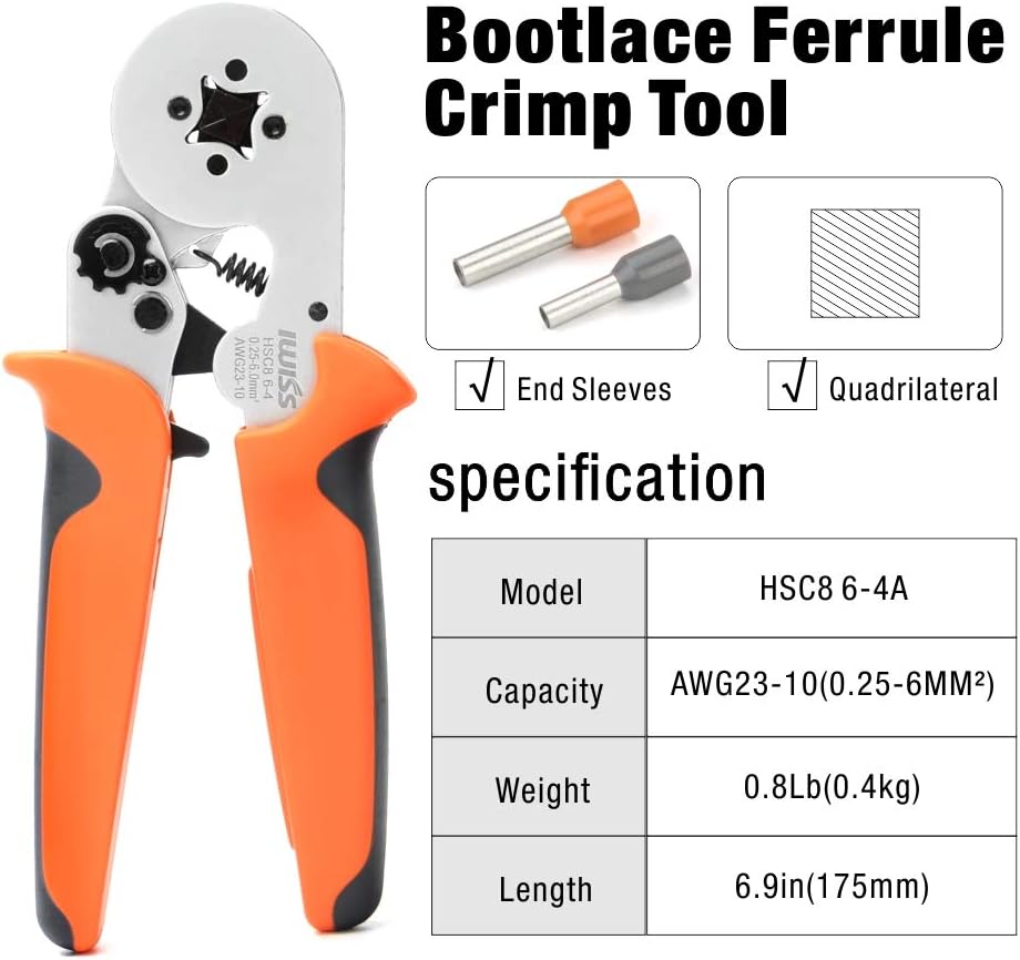 IWISS Self-adjustable Crimping Tools Plier for AWG20-5 Bootlace End-sleeves Ferrule, Ratchat Wire Crimping Tool
