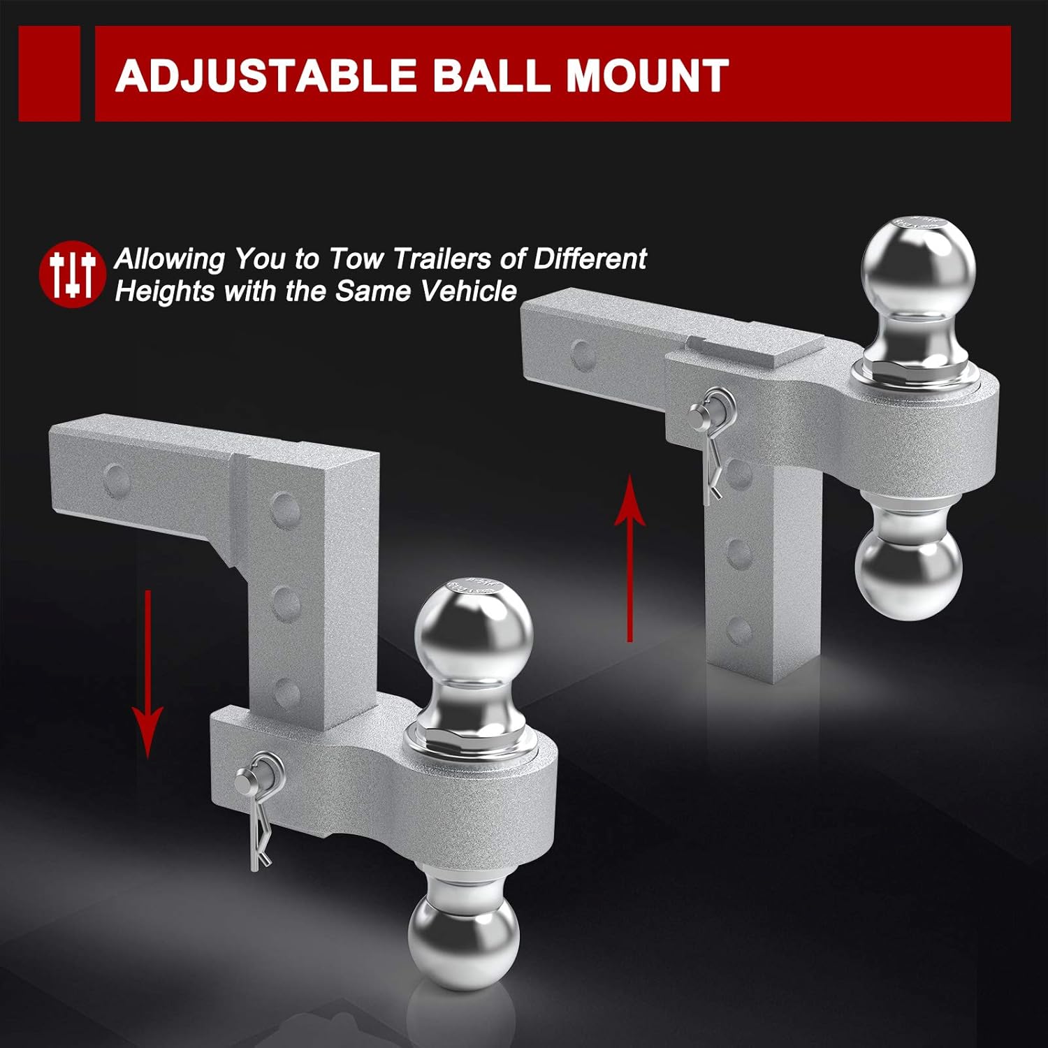 BUNKER INDUST Adjustable Trailer Hitch Fits 2" inch Receiver, Aluminum Rapid Hitch 6" Drop/Rise, 2-Inch and 2-5/16-Inch Hitch Dual Ball Mount 5,000 LBS Capacity