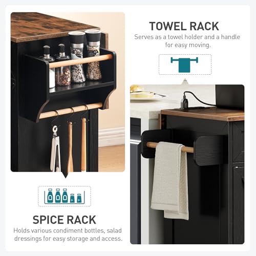 Kitchen Island with Drop Leaf, Kitchen Cart with Charging Station, Kitchen Table with Storage, Rolling Island Table with 3 Drawers, Towel Rack and Spice Rack, White and Walnut