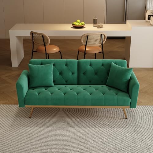 Velvet Convertible Sofabed, Futon Sofa Bed,68.3" Small Sofa Bed Couch with Adjustable Backrest,Modern Loveseat for Living Room, Bedroom, Office, Green
