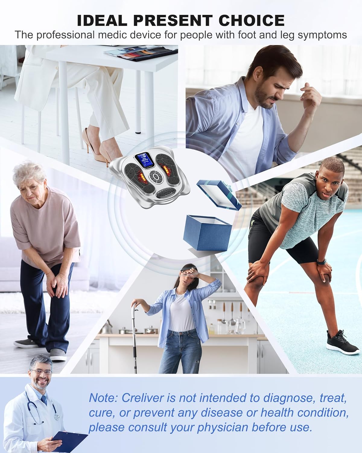 Creliver Foot Stimulator (FSA HSA Approved) with EMS TENS for Pain Relief and Circulation, EMS Foot Massager for Neuropathy, Electric Nerve Muscle Stimulator Machine with 8 Pads for Feet Legs