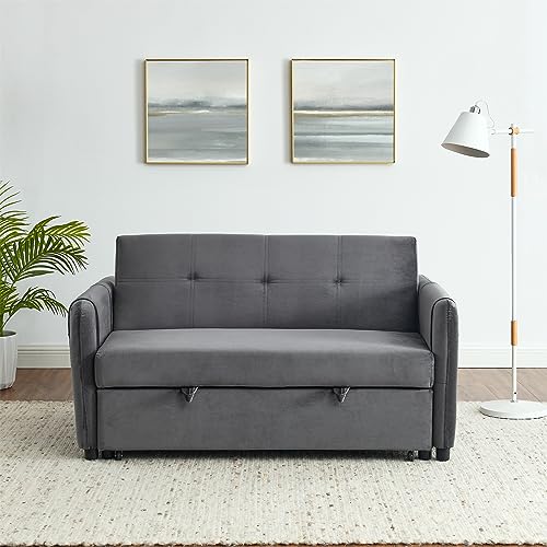 3 in 1 Convertible Sleeper Sofa Bed, Modern Velvet Loveseat Futon Couch Pullout Bed with Side Storage Pockets & Pillows, Small Love Seat Lounge Sofa Bed for Living Room, Small Space (Blue)