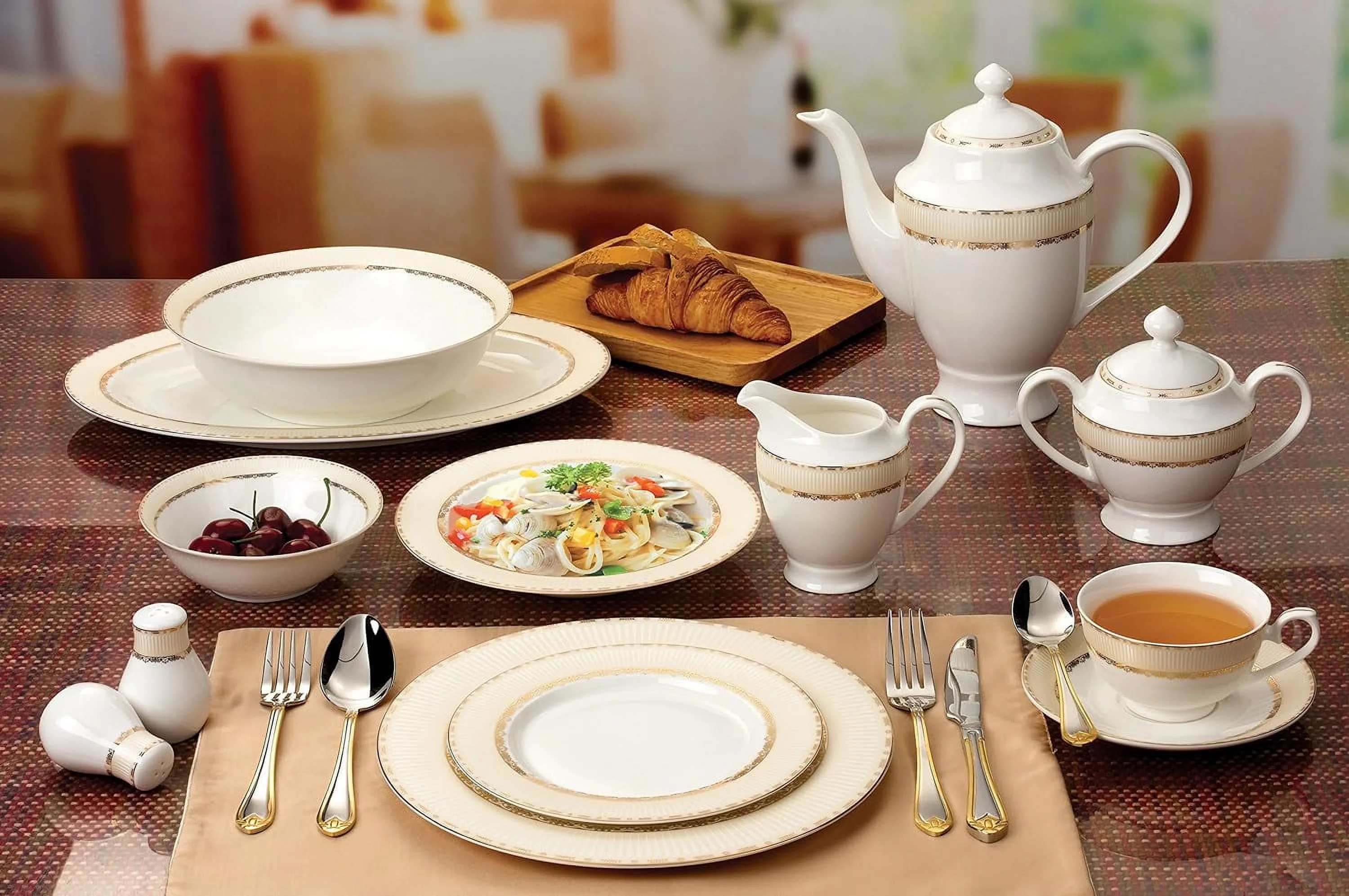 57 Piece China Service For 8 Margaret Dinnerware Sets, Gold
