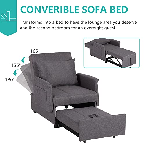 Sleeper Chair, 3 in 1 Chair Bed Sleeper for Adults, Pull Out Sleeper Sofa Convertible Single Lounge Chair with Pillow, Side Pockets for Living Room Small Space (Black)