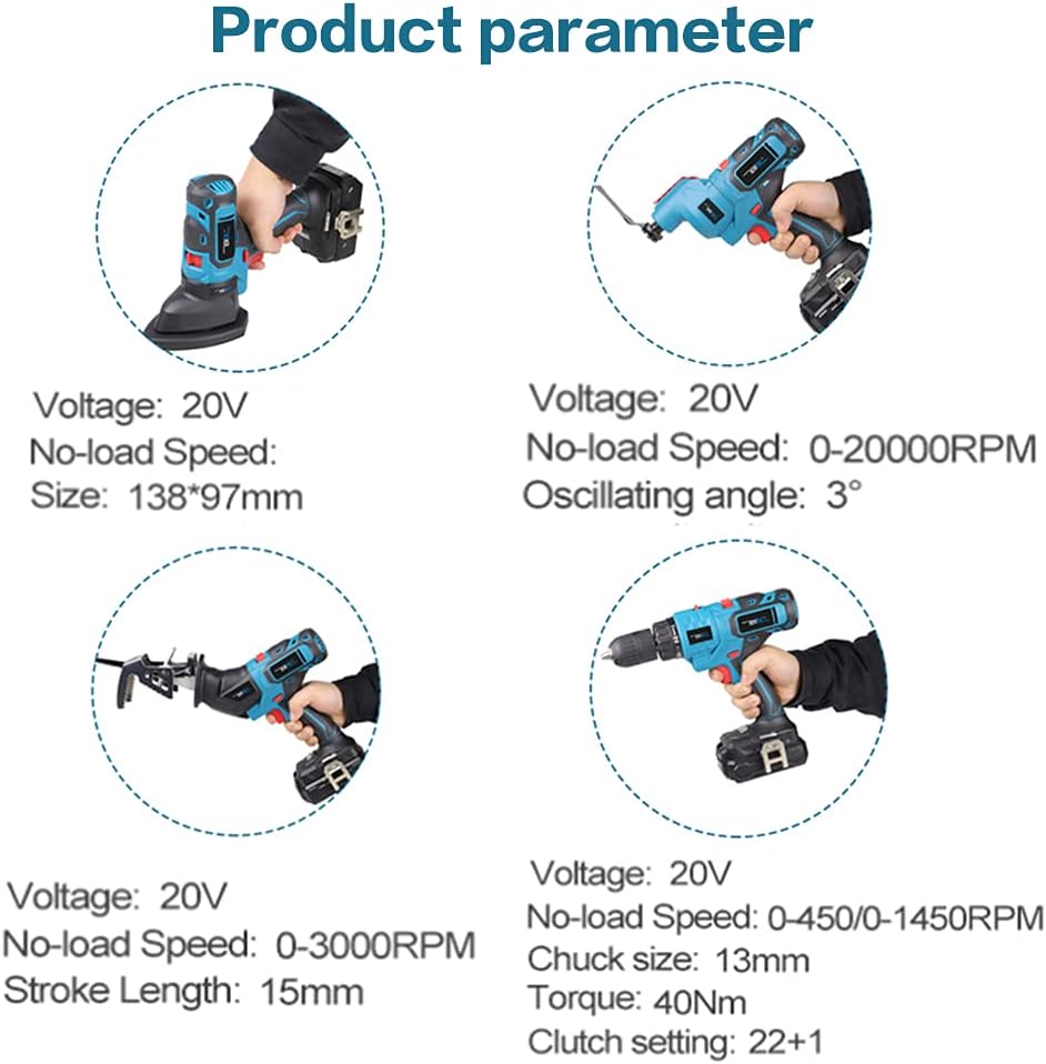 NEWONE 20V MAX Power Tool Combo Kits with Case, 4-Tool Attachments Drill, Reciprocating saw, Oscillating tool, Sander With Accessoreis For Cutting, Scraping, Moving, Drilling and Sanding