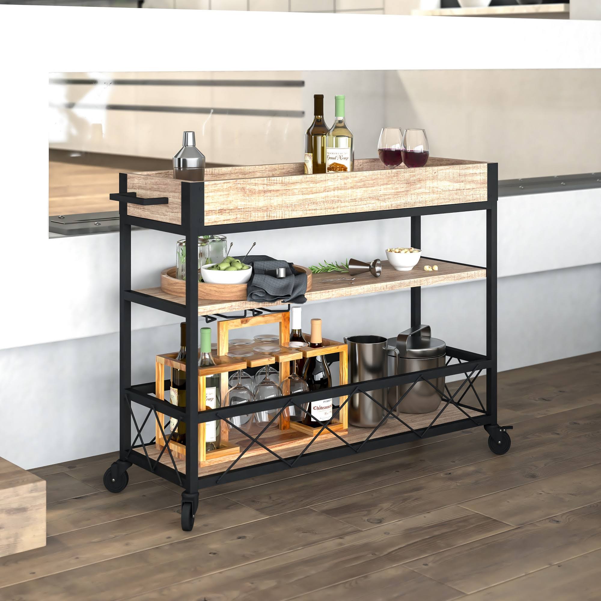 Emma and Oliver Light Oak Wood Kitchen Bar Cart, Stemware Rack and Locking Casters