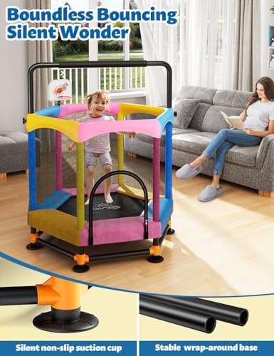 60" Trampoline for Kids, Twinkoo 5FT Fortified Toddler Trampolines with Anti-Rollover Bottom, Indoor/Outdoor Toddler Trampoline with Safety Enclosure, Adjustable Gymnastics Bars, Basketball Hoop
