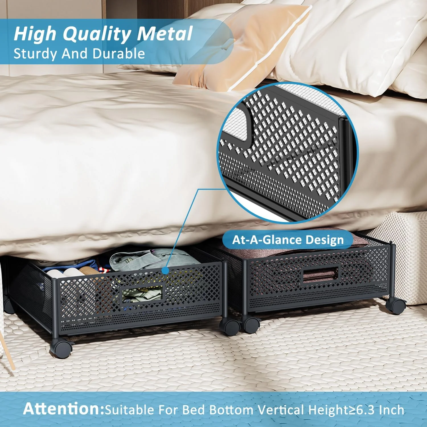 47.2'' Long Under Bed Storage on Wheels, 57.6L Large Capacity Rolling Under the Bed Storage Containers, Tool-Free Assembly Foldable Underbed Shoes Clothes Toy Drawers