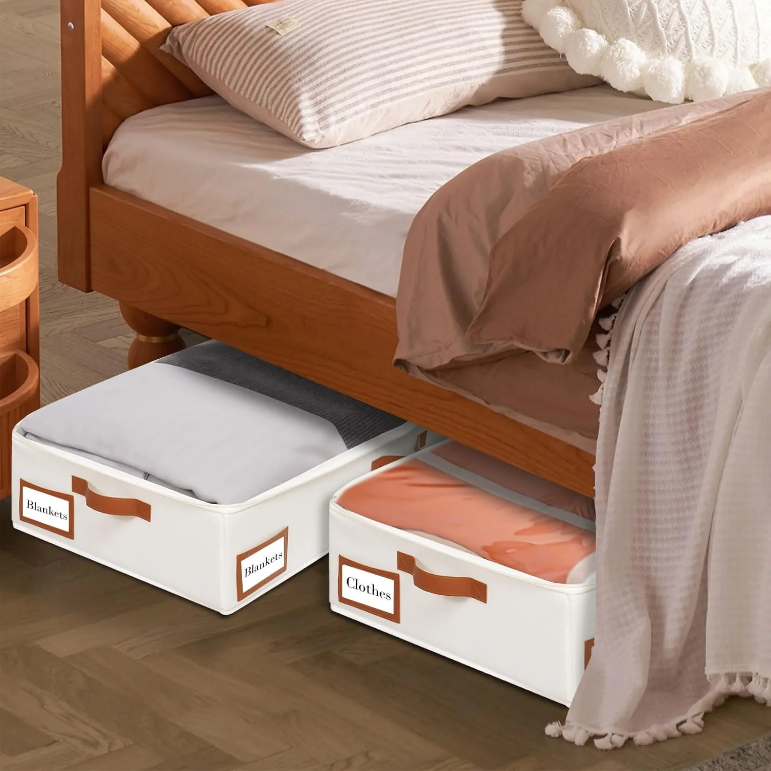 Under Bed Storage, 2 Pack Underbed Storage Box, Collapsible Storage Bag, with Sorting card slot and 4 Leather Handles, for Blanket, Bedding, 23.6''Lx11.8''Wx6''H, Beige