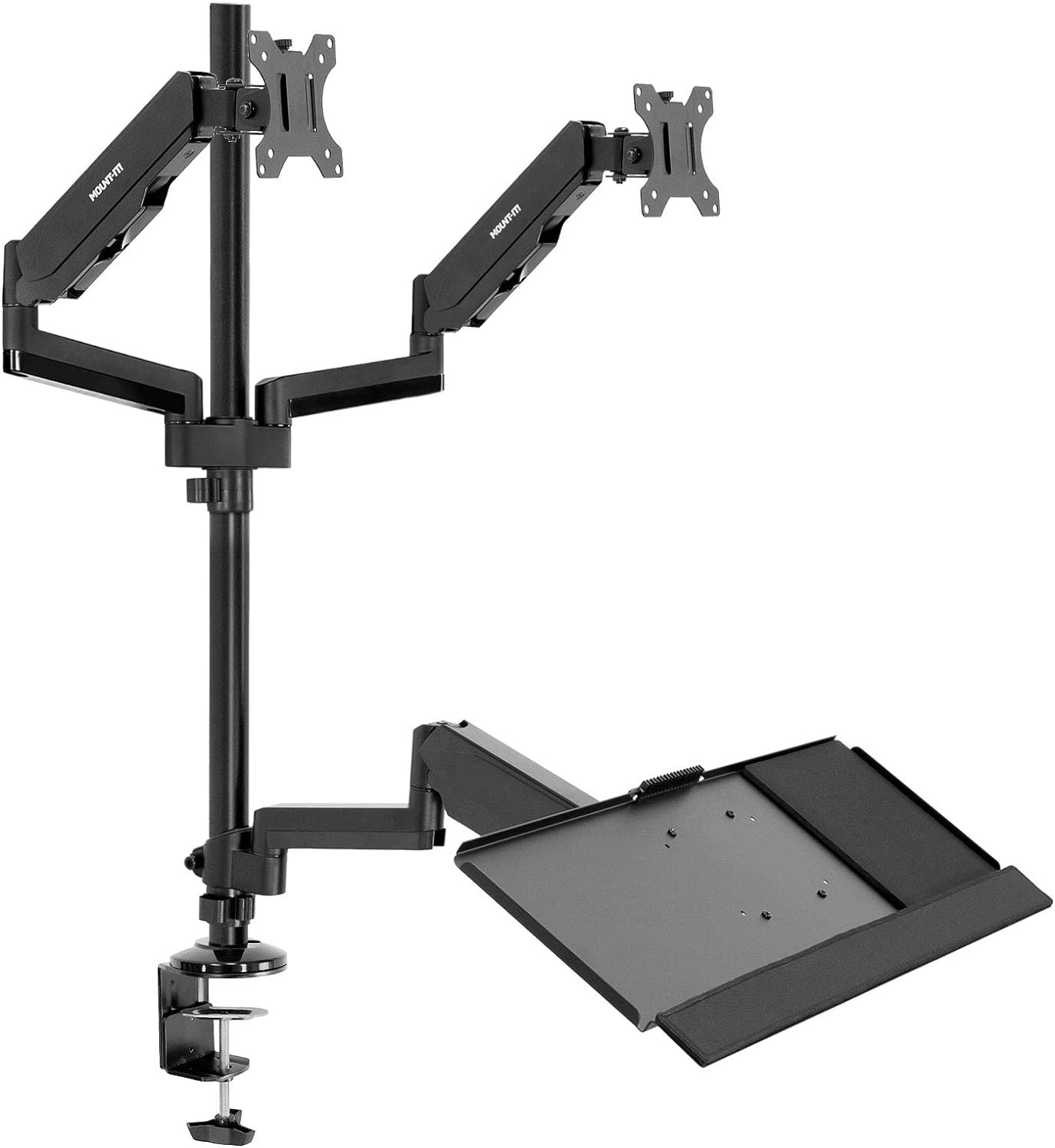 MOUNT-IT! Dual Monitor Sit Stand Workstation [2 Screens up to 32" Each] Height Adjustable and Quick Release Screen Mount, Standing Desk with Keyboard Tray, (Black)
