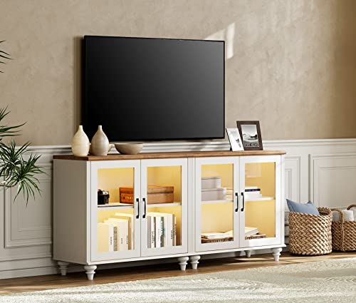 WAMPAT TV Stand for 43 Inch TV with Yellow LED Light, Wood TV Console Table Entertainment Center for Living Room, Buffet Cabinet with Glass Door for Dining Room, Off White