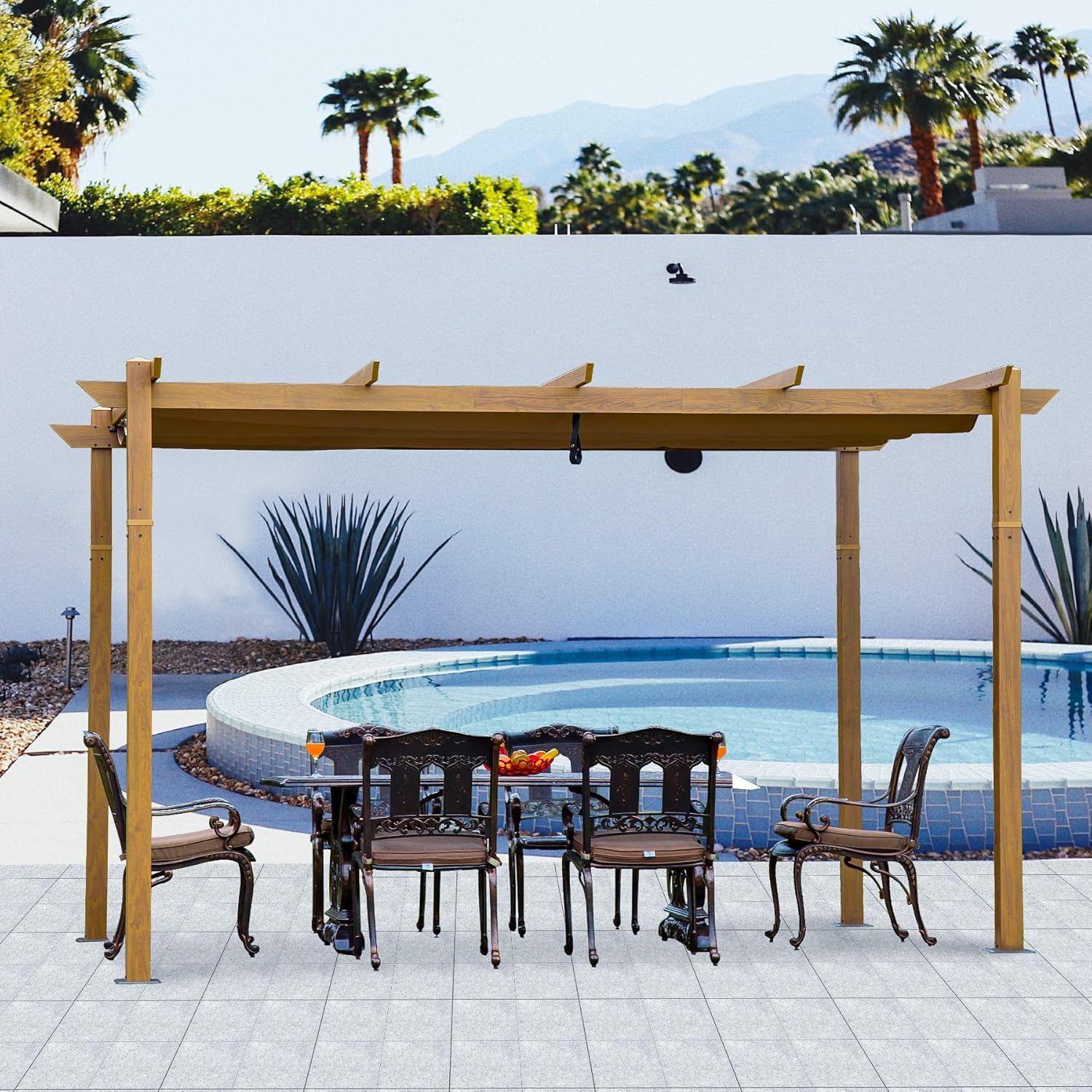 Outdoor Pergolas (2021 New) - Patio Aluminum Retractable Pergola Outdoor Gazebo Heavy Duty Grape Trellis Sunshade Canopy with Natural Wood Looking Finish by domi outdoor living (Martinique 10x13ft)