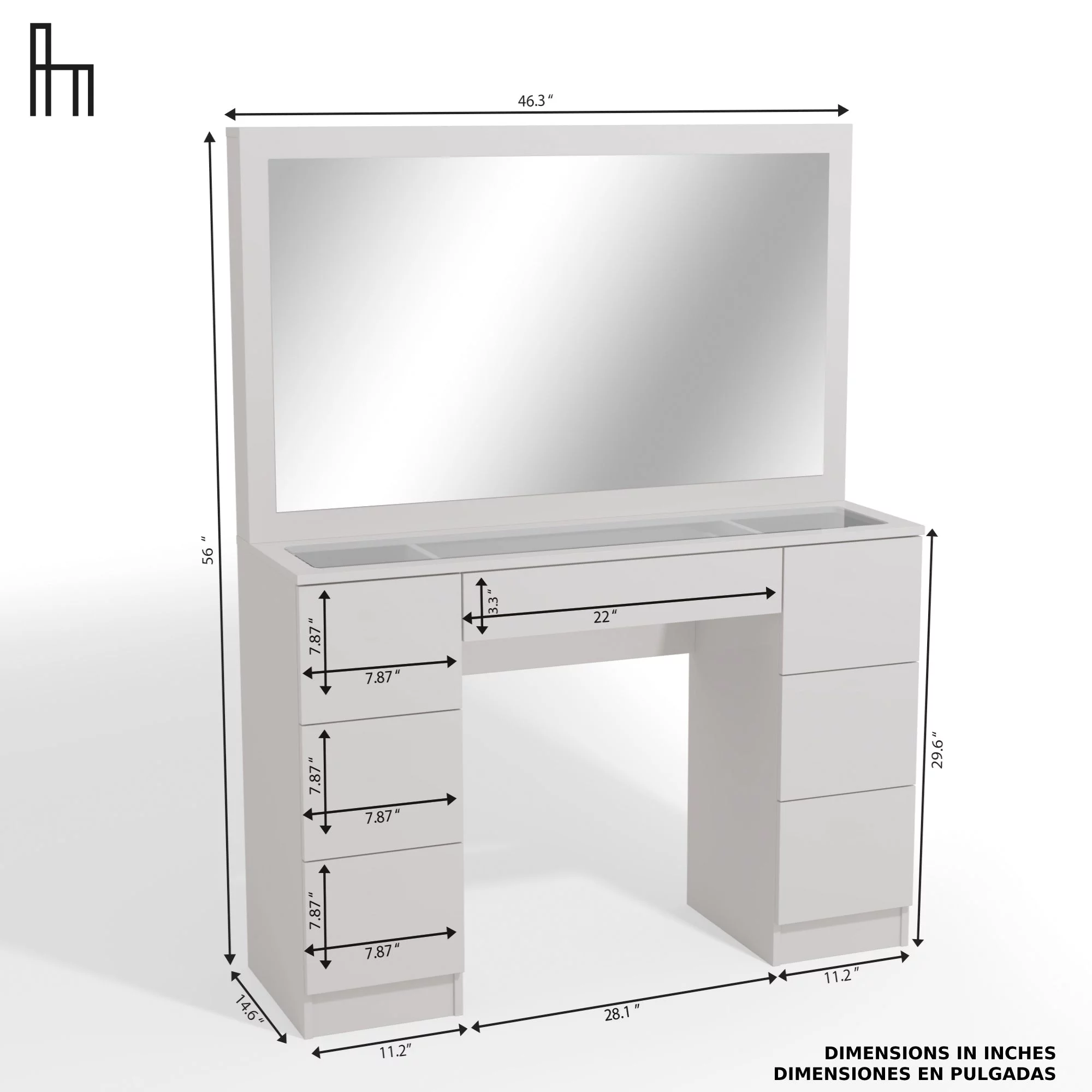 Boahaus Modern Yara Makeup Vanity Table Set with Mirror, 7 Drawers, White, Built-in Lights