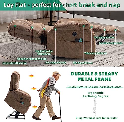 VIVIJASON Large Dual OKIN Motor Lay Flat Sleeper Lift Recliner Chair with Heat & Massage for Elderly, Infinite Position Electric Power Recliner with 2 Remote Controls, Side Pockets & USB Ports, Sand