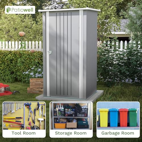 Patiowell 3 x 3 FT Outdoor Storage Shed,Small Garden Tool Storage Shed with Sloping Roof and Single Lockable Door, Outdoor Shed for Backyard Garden Patio Lawn, Grey
