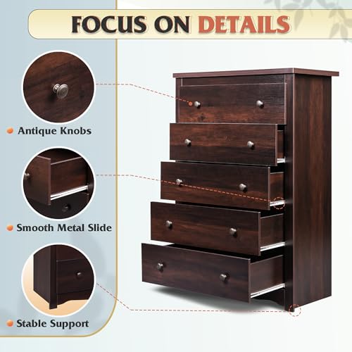 WLIVE Wood Dresser with 5 Drawers, Black Wooden Storage Cabinet, Organizer Drawers for Bedroom, Living Room, Hallway, Measuring 15.75" W * 31.50" D * 45.35" H ﻿