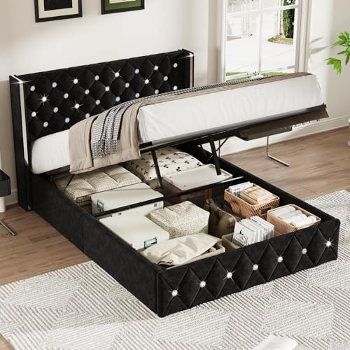 HOMBCK Full Size Lift Up Storage Bed Frame, Modern Bed Frame with Diamond Headboard, Velvet Bed Frame with Sliver Wingback, Hydraulic Storage, No Box Spring Needed, Black