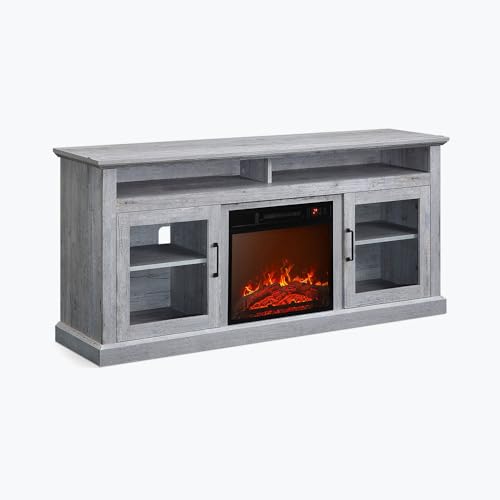 BELLEZE Modern 60" Traditional TV Stand with 18" Electric Fireplace Heater & Media Entertainment Center Console Table for TV up to 65" with Open Storage Shelves & Cabinets - Cayman (Brown)