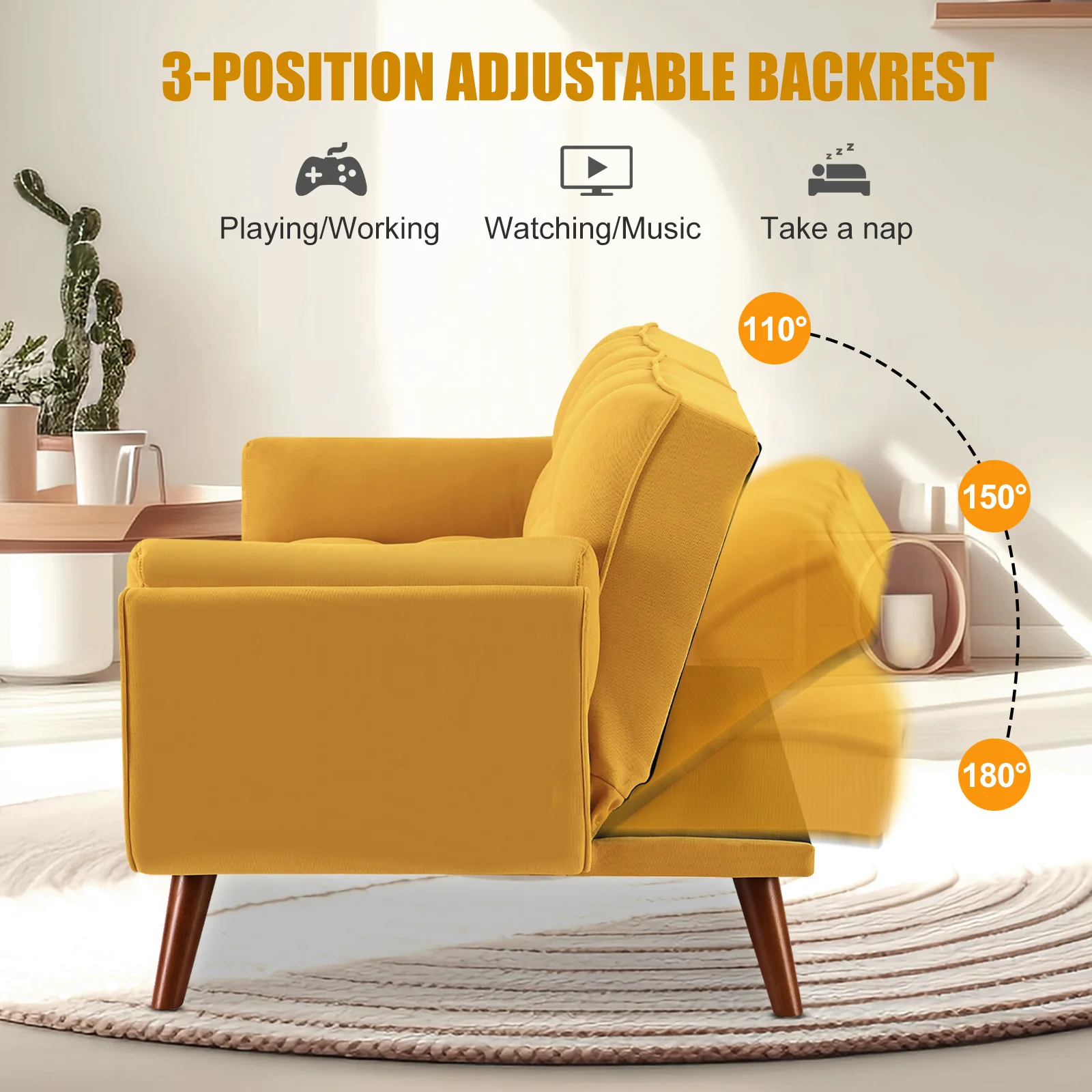 Convertible Futon Couch Bed, Sleeper Sofa Bed with Adjustable Backrests, Linen Loveseat Sofa with Wood Legs, 3 Seater Comfy Couch for Small Spaces, Living Room, Bedroom(Yellow, 75")