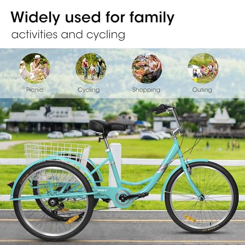 7 Speed Tricycle Single 3 Wheel Bike 24 Inch Trike with Bell Brake System and Basket Carbon Steel Cruiser Bicycles Large Size for Shopping Recreation Seniors Women Men