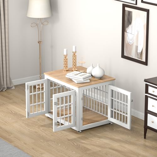 48 Inch Heavy Duty Dog Crate Furniture for Large Dogs, Decorative Pet House End Table, Extra Large Wooden Cage Kennel Furniture Indoor, Natural and White