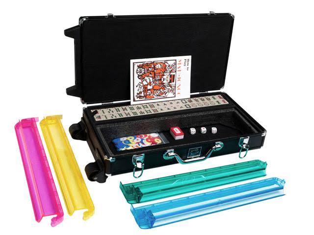 White Swan mAh Jongg - Ivory Tiles - Modern Pusher Arms - Wheeled Aluminum Case - Black