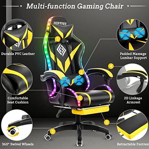 HOFFREE Gaming Chair Massage with Bluetooth Speakers and Led Lights Ergonomic Computer Gaming Chair with Footrest RGB Video Game Chair with High Back Lumbar Support Blue and Black