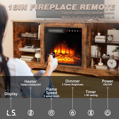 Lemberi Fireplace tv Stand with 36 inch Fireplace Up to 80" TVs,LED Light Entertainment Center and Storage, 70" Modern Wood Media TV Console with Highlight Cabinet for Living Room