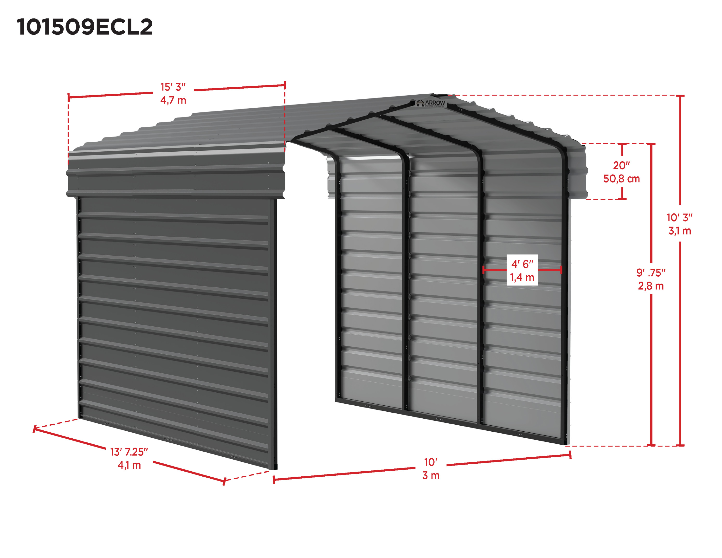 Arrow Carports Galvanized Steel Carport, with 2-Sided Enclosure, Compact Car Metal Carport Kit, 10' x 15' x 9' , Charcoal
