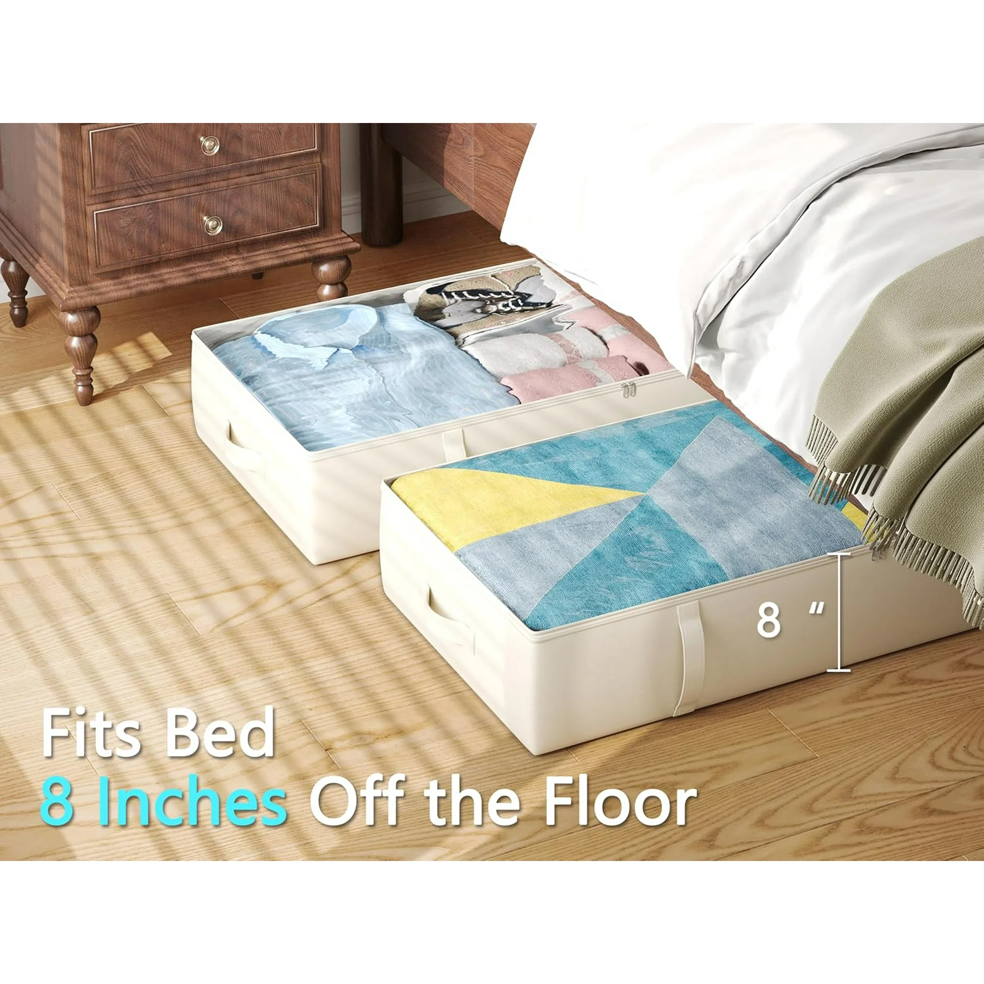 2-Pack Under Bed Storage Containers, 8 Inches Tall Underbed Clothes Storage Organizer Bin with Sturdy Sidewalls/Bottom, Under the Bed Storage Bags 2 Storage Bins, Beige