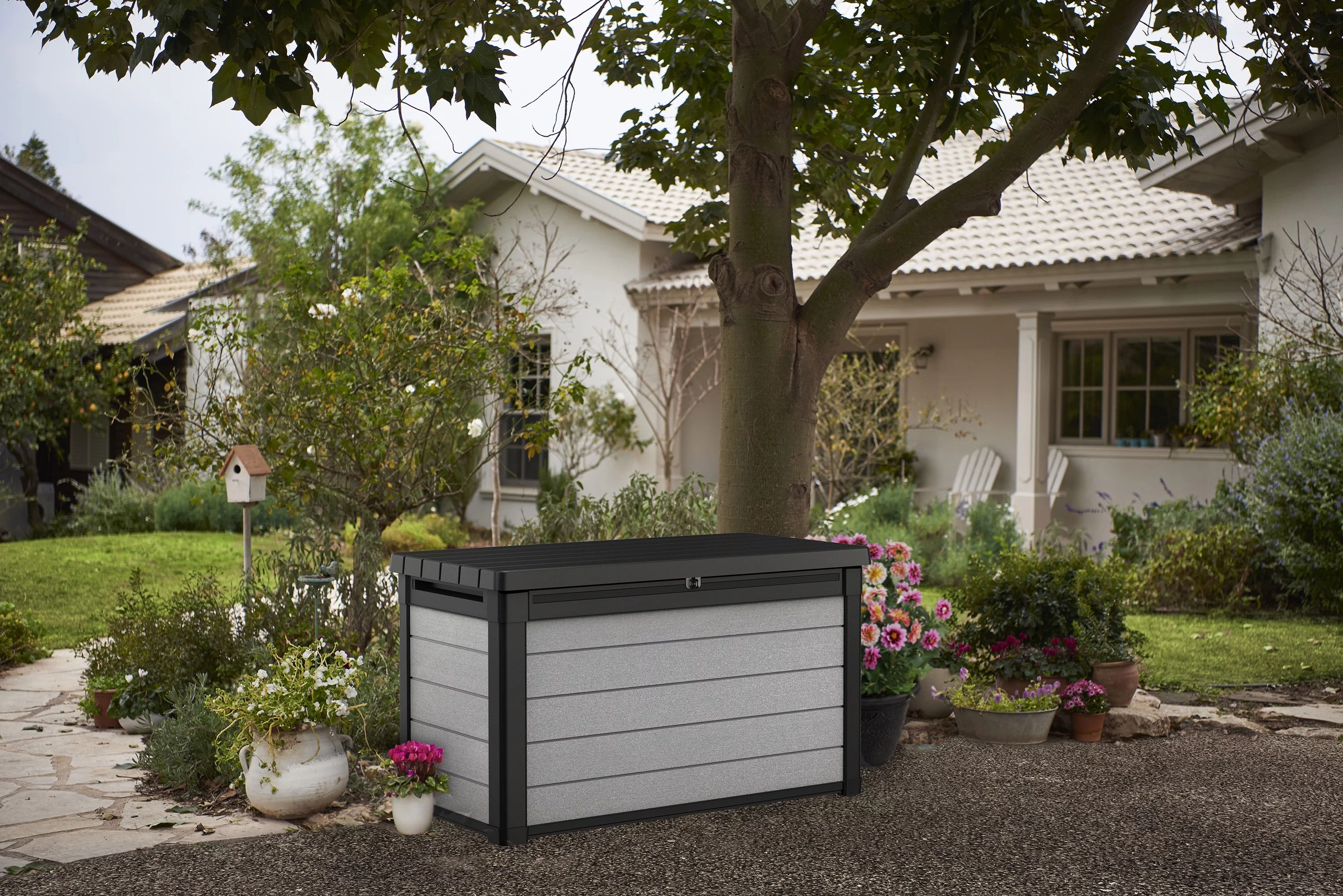 Keter Denali Outdoor 100 Gallon Resin, Plastic and Wood Deck Box, Gray and Black