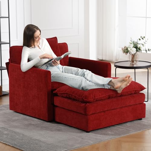 Oversized Accent Chair with Ottoman, Chenille Modern Living Room Chair Comfy Upholstered Armchair with Deep Seat Large Single Sofa for Bedroom Apartment, Blue