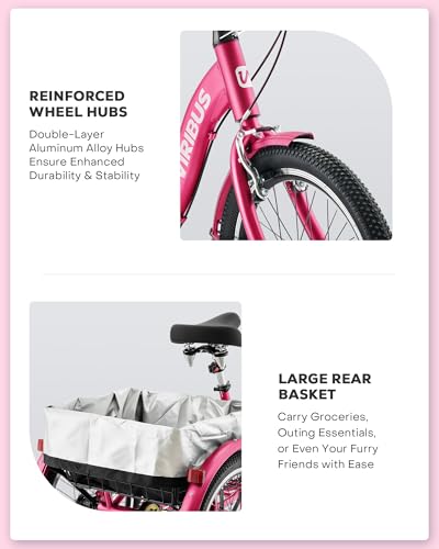 Viribus Folding Adult Tricycle 7 Speed, 20 inch Folding Tricycle for Adults with Dual Chain, 3 Wheel Bike with Lock, Foldable Trike Collapsible Three Wheel Bike Women Senior, 330lb. Deep Pink