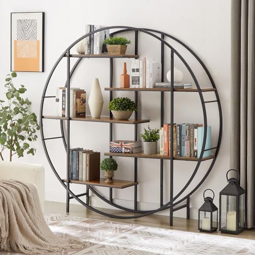 Plant Stand 5 Tier Tall Metal Plant Shelf for Indoor, Round Shaped Ladder Plant Shelf Holder, Plant Flower Pot Rack Display Stand for Living Room Patio Garden Balcony, Black+ Brown