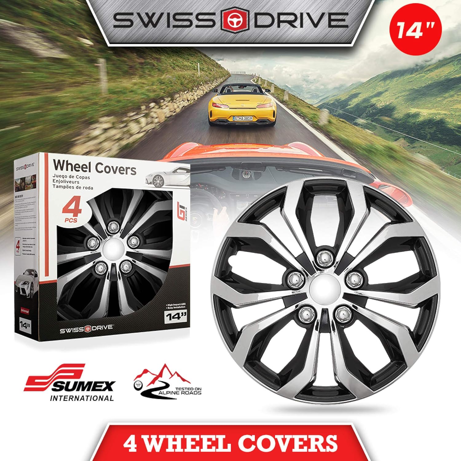 Swiss Drive Set of 4 Hubcaps 14 Wheel Cover “SPA” Chrome and Black ABS Easy to Install Universal(Check Rim and Tire Size)