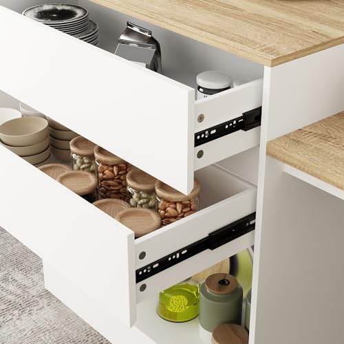 ECACAD 80.7" Kitchen Island with Storage, Wood Kitchen Prep Table White Stationery Storage Cabinet with 3 Drawers, Open Shelves & 2 Cabinets for Dining Room