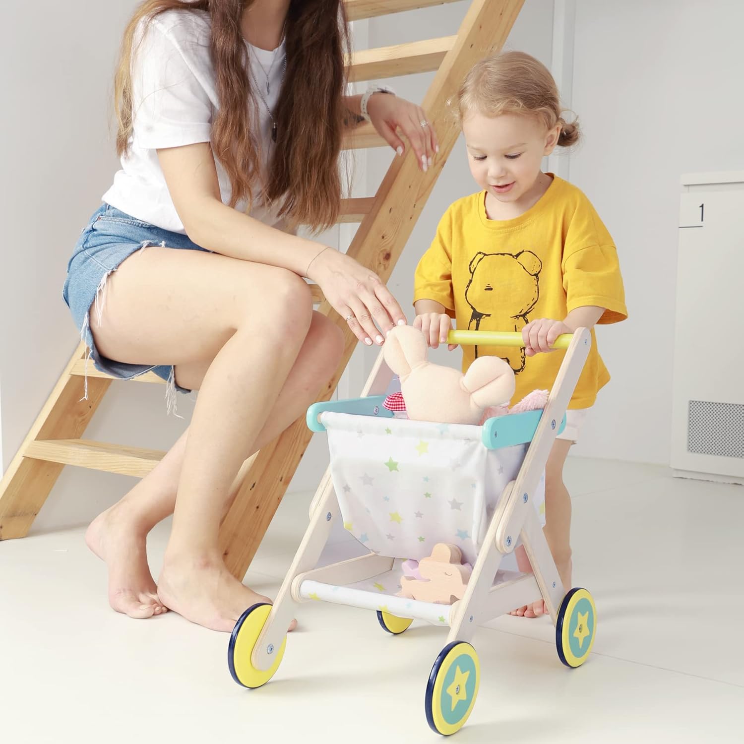 labebe Kids Push Walker & Baby Wooden Shopping Cart 2-in-1, Toddler Wood Trolley Toys to Learning Walk for Girls & Boys 1-3 Years Old