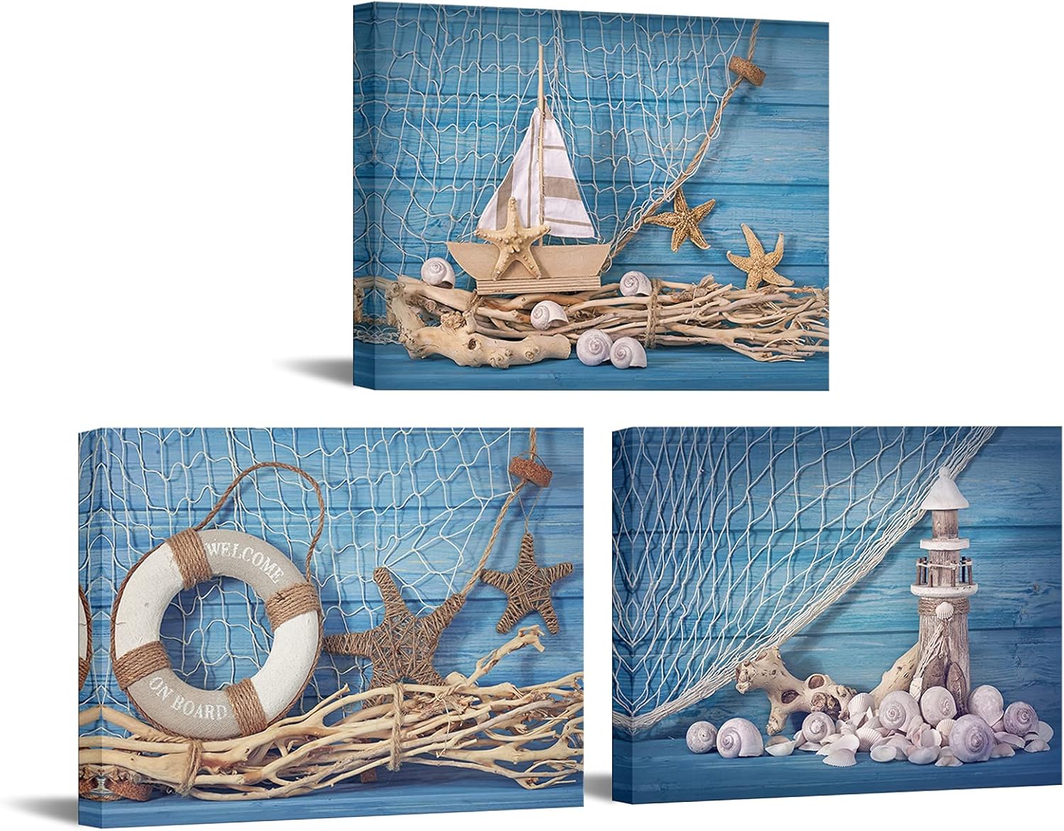 LevvArts 3 Piece Beach Canvas Wall Art Seashell Startfish with Blue Board Picture Prints Maritime Sailing Boat Lighthouse Poster Painting for Bathroom Gallery Canvas Wrapped Ready to Hang