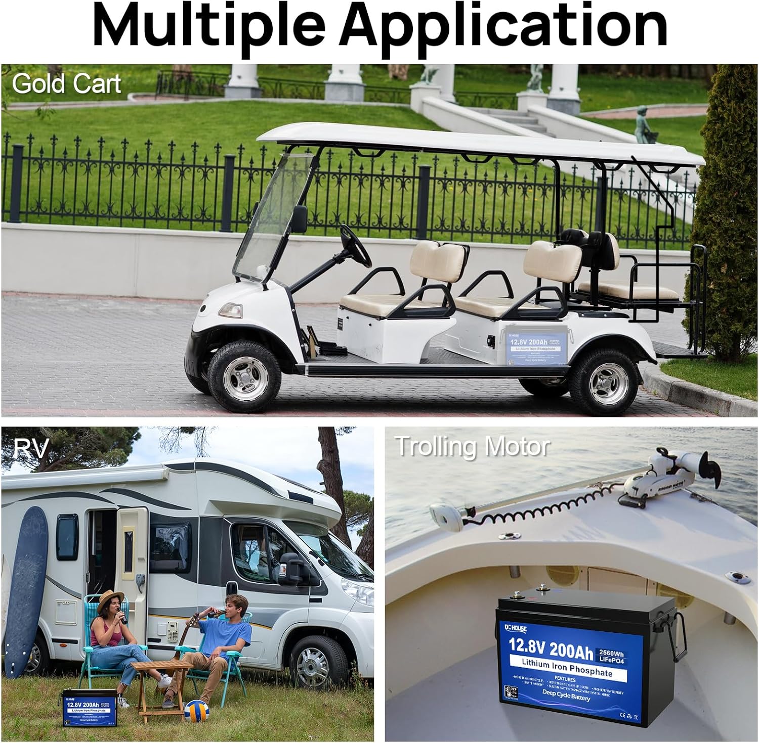 DC HOUSE 12V 200Ah Lithium LiFePO4 Deep Cycle Battery, Low Temp Cut Off, with 2560Wh Energy Max. Built-in 200A BMS for RV, Solar, Home Energy Storage, Marine Trolling Motor, Boat, Golf Carts