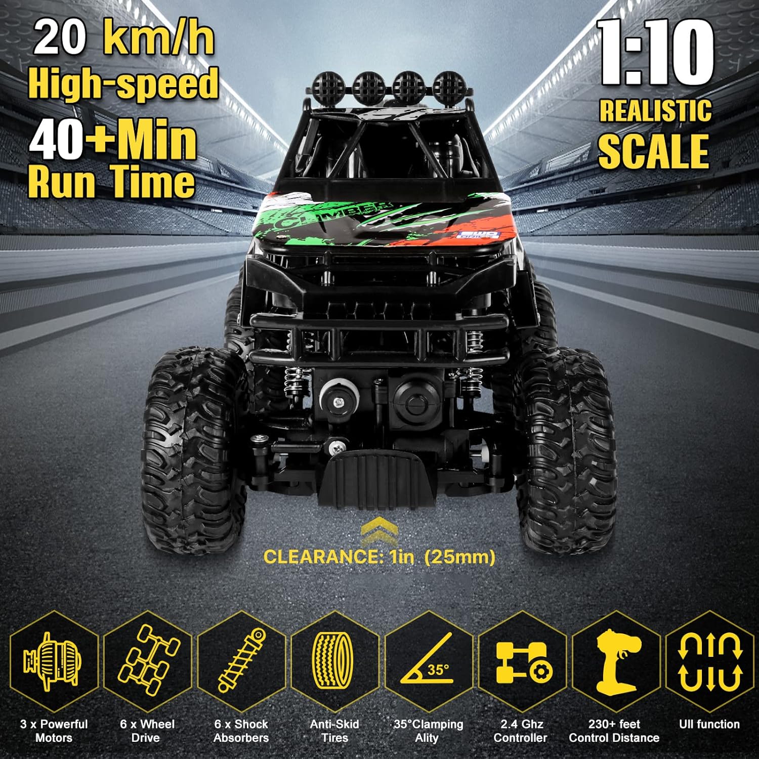 1/10 Scale Large RC Truck 2.4Ghz Remote Control Car with Color LED Mist Spray-6x6 Off-Road Remote Control Monster Truck for 40+ Min Play-All Terrains Remote Control Truck for Kids & Adults Pack of 2