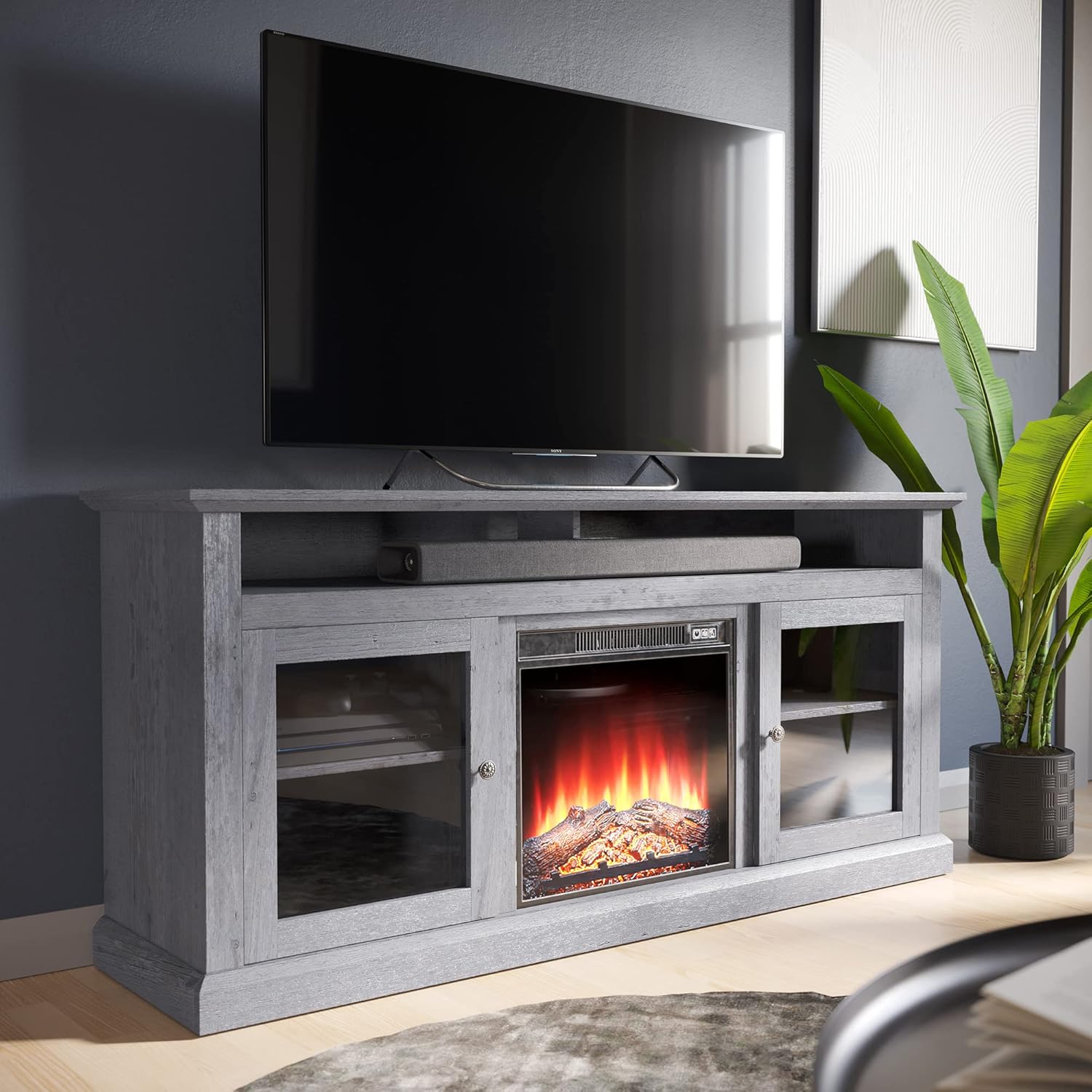 BELLEZE Modern 60 Inch Traditional Electric Fireplace TV Stand & Media Entertainment Center Console Table for TVs up to 65 Inches with Open Storage Shelves & Cabinets - Cayman (Light Gray)
