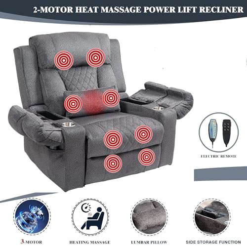 Light Grey Recliner Chair for Elderly | Tall and Big Man 400lbs | Chenille | Power Lift, Lay Flat, Stand Up, Wireless Charging Device, Extended Footrest, Massage Heat, Cup Holder, Lumbar Pillow