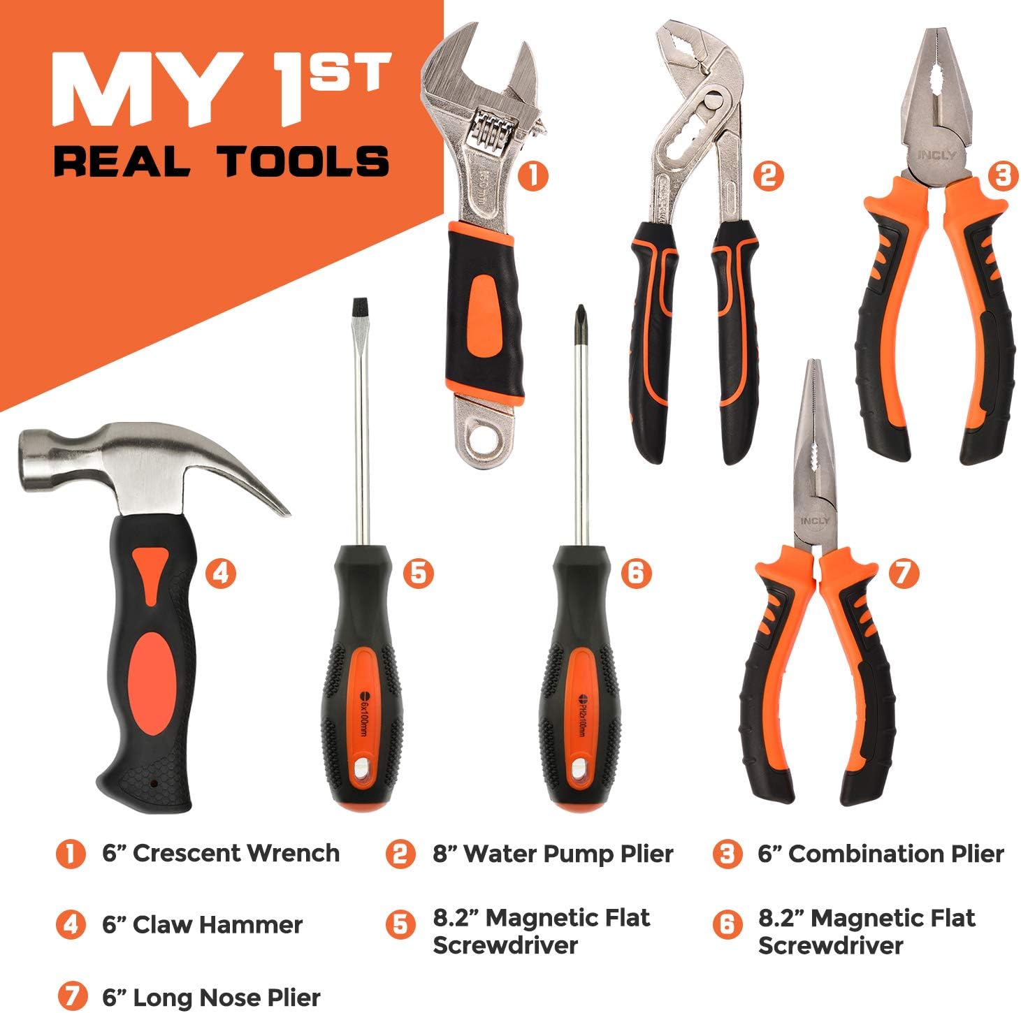 INCLY 95 PCS Kid Real Tool Set, Boy Builder Small Real Hand Tools Kit Construction Learning Accessories Hammer Screwdriver for Home DIY Woodworking Play,Come with Tool Belt & Bag