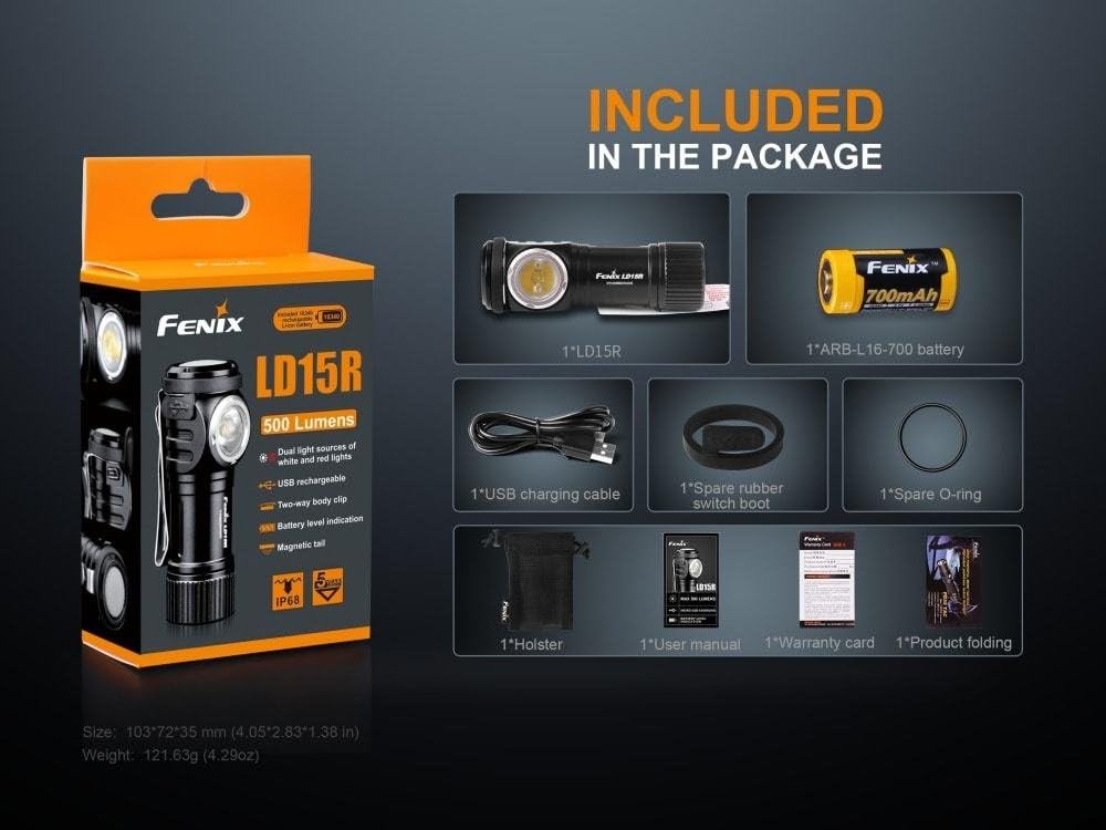 FENIX LD15R 500 Lumen USB rechargeable right angled task light/Flashlight with EdisonBright USB charging cable Pack of 2