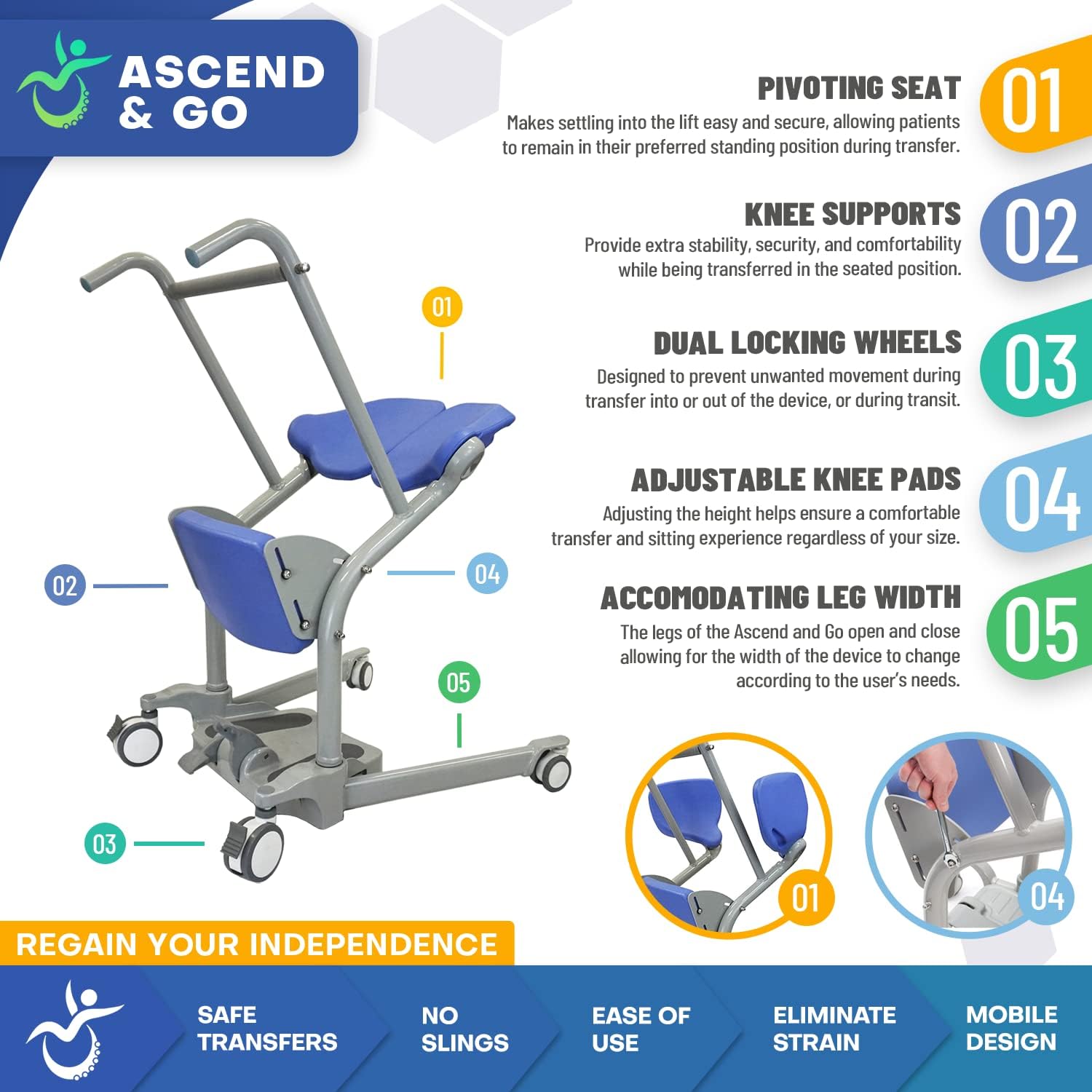 Ascend & GO - Manual Sit to Stand Elderly Assist Transfer Patient Lift Aid, Standing Assist Lift, Senior Transport Assistance Patient Chair, Stand Up Lift - Homecare Professional Use 400lbs. Lift Cap